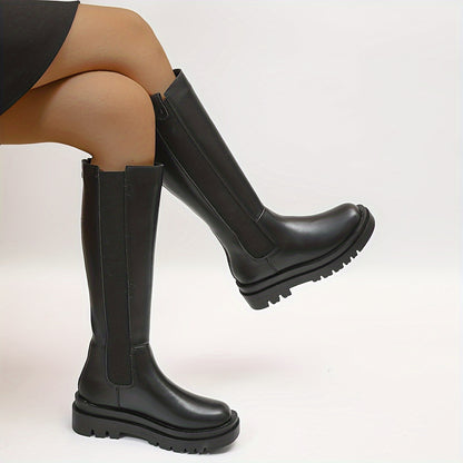 Women's Chelsea High Boots, Round Toe Platform Knee High Boots, Fashion All-Match Back Zipper Long Boots