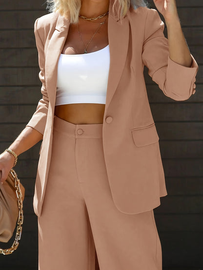 Plus Size Elegant Solid Color Blazer Set, Button Front Long Sleeve Blazer & Pants Outfits, Women's Plus Size Clothing