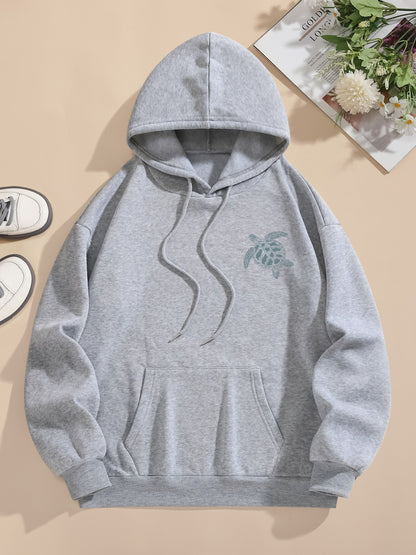 Turtle Print Hoodie, Drawstring Casual Hooded Sweatshirt For Winter & Fall, Women's Clothing