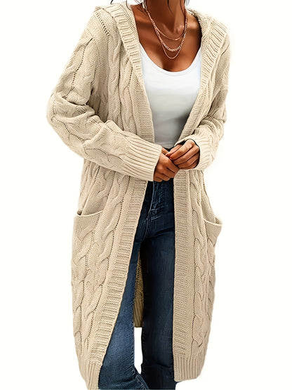 Solid Open Front Cable Knit Hooded Cardigan, Casual Long Sleeve Mid Length Sweater With Pocket, Women's Clothing