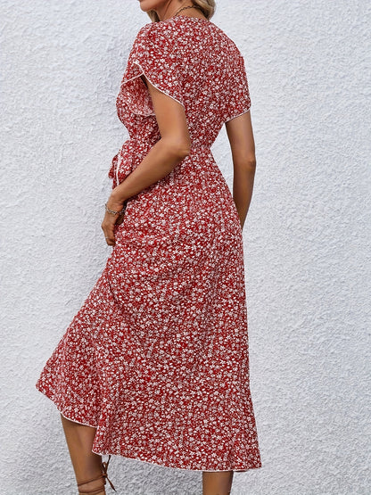 Floral Print Surplice Neck Tied Dress, Casual Flutter Sleeve Ruffle Hem Dress For Spring & Summer, Women's Clothing