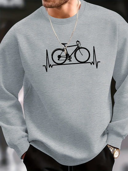 Bike Print Fashionable Men's Casual Long Sleeve Crew Neck Pullover Sweatshirt, Suitable For Outdoor Sports, For Autumn Spring, Can Be Paired With Necklace, As Gifts