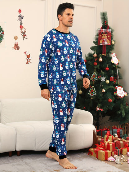 Men's Cozy Christmas Pajama Set with Fun Snowman Design - Round Neck, Long Sleeve Top & Pants, Soft Polyester Blend, Machine Washable