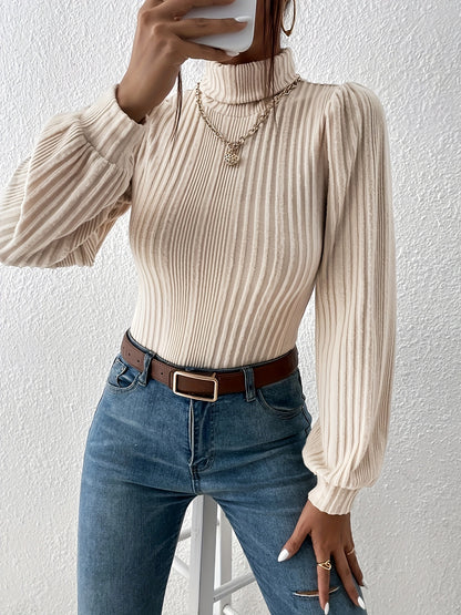 Solid Ribbed Turtleneck T-Shirt, Casual Long Sleeve Top For Spring & Fall, Women's Clothing