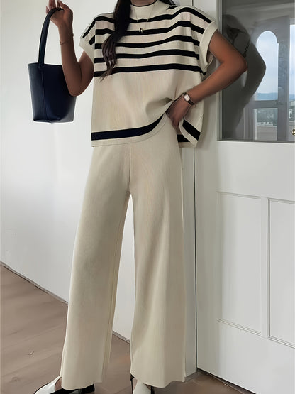 Striped Print Casual Pantsuit, Mock Neck Batwing Sleeve Top & Wide Leg Pants Outfits For Spring & Summer, Women's Clothing