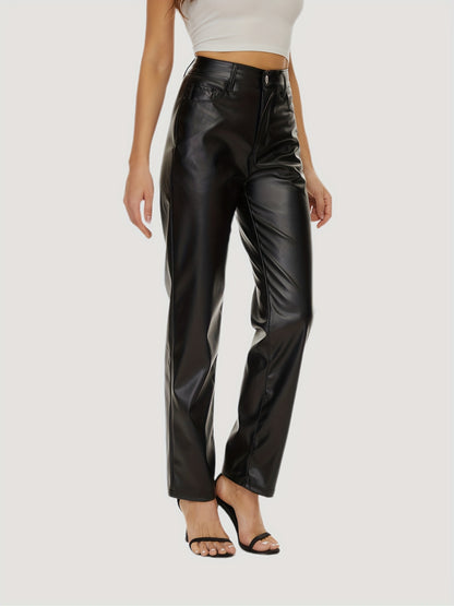 PU Leather Solid Pants, Elegant High Waist Comfy Pants For All Season, Women's Clothing