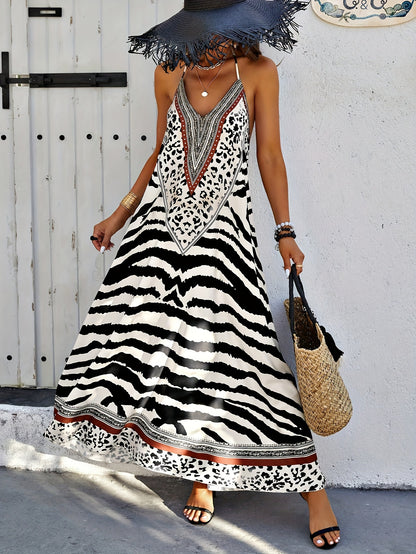 Zebra Print Backless Halter Neck Dress, Vacation Sleeveless Dress For Spring & Summer, Women's Clothing