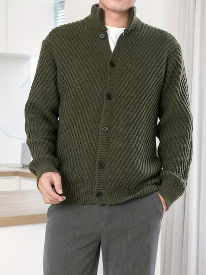 Men's Solid Color Stripe Textured Knit Cardigan, Casual Trendy Long Sleeve Knitted Autumn And Winter Coat As Gift