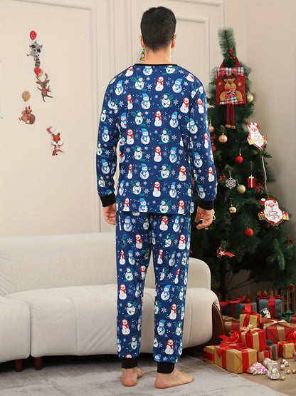 Men's Cozy Christmas Pajama Set with Fun Snowman Design - Round Neck, Long Sleeve Top & Pants, Soft Polyester Blend, Machine Washable