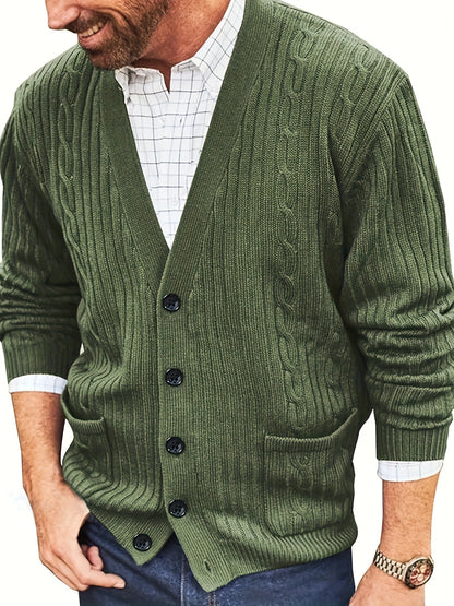 Men's Solid Color Textured Knit Cardigan, Casual Trendy Long Sleeve Knitted Coat As Gift