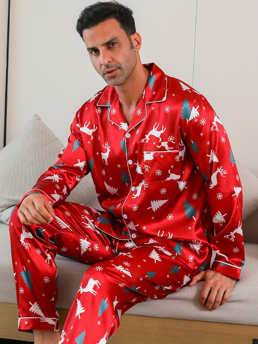 2 Pcs Men's Trendy Christmas Tree Deer Print Lapel Long Sleeve & Trousers Pajama Set, Comfortable & Skin-friendly Style Men's Cozy Loungewear