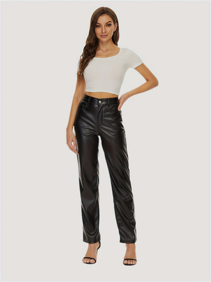 PU Leather Solid Pants, Elegant High Waist Comfy Pants For All Season, Women's Clothing