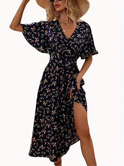 Floral Print Flutter Sleeve Dress, Boho V Neck Slim Waist Dress, Women's Clothing