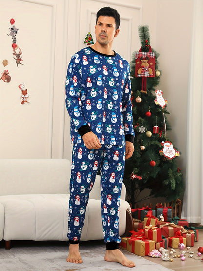 Men's Cozy Christmas Pajama Set with Fun Snowman Design - Round Neck, Long Sleeve Top & Pants, Soft Polyester Blend, Machine Washable