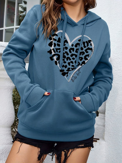 Leopard Heart Print Drawstring Hoodie, Casual Long Sleeve Kangaroo Pocket Sweatshirt, Women's Clothing