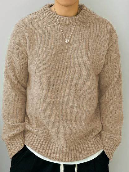 Men's Solid Knitted Pullover, Casual Long Sleeve Crew Neck Sweater For Fall Winter