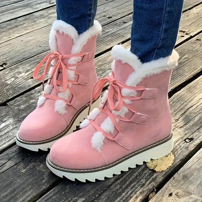 Women's Solid Color Fluffy Boots, Lace Up Platform Soft Sole Plush Lined Winter Boots, Non-slip Round Toe Mid-calf Snow Boots