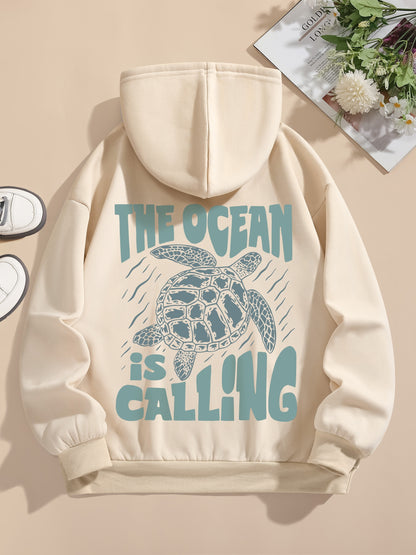 Turtle Print Hoodie, Drawstring Casual Hooded Sweatshirt For Winter & Fall, Women's Clothing