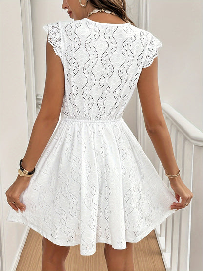 Elegant V-Neck Short Sleeve Dress with Geometric Lace Overlay, Polyester Spandex Knit Fabric, Fit and Flare with Exaggerated Ruffle Detail for Adults - Summer Collection