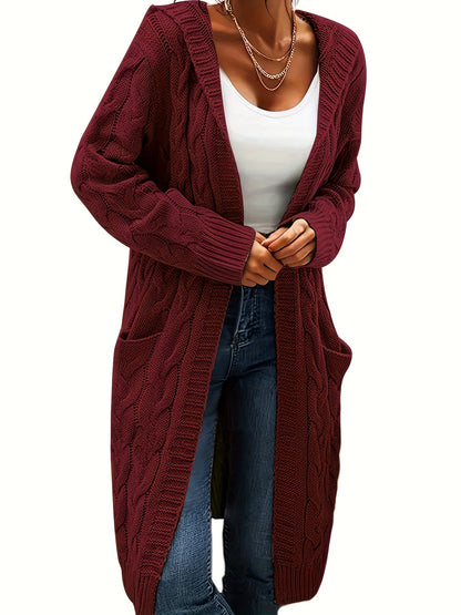 Solid Open Front Cable Knit Hooded Cardigan, Casual Long Sleeve Mid Length Sweater With Pocket, Women's Clothing