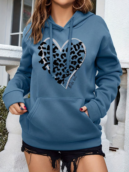 Leopard Heart Print Drawstring Hoodie, Casual Long Sleeve Kangaroo Pocket Sweatshirt, Women's Clothing