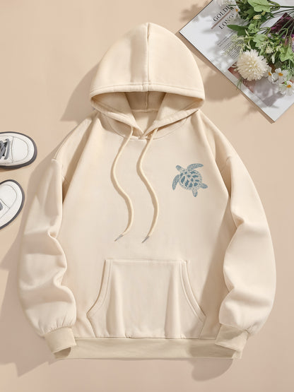 Turtle Print Hoodie, Drawstring Casual Hooded Sweatshirt For Winter & Fall, Women's Clothing