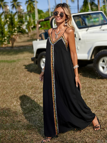 Color Block Spaghetti Strap Dress, Elegant Ethnic Style Sleeveless V Neck Backless Loose Maxi Dress For Spring & Summer, Women's Clothing
