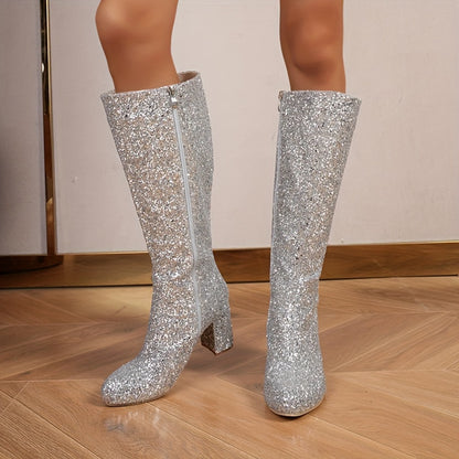 Women's Glitter Design Block Heeled Boots, Fashion Side Zipper Knee High Boots, Stylish Long Boots