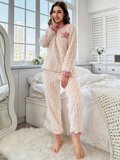 Women's Star Pattern Jacquard Fleece Thick Casual Pajama Set, Long Sleeve Round Neck Top & Pants, Comfortable Relaxed Fit For Fall & Winter