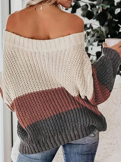 Color Block Off Shoulder Oversized Sweater, Casual Long Sleeve Loose Sweater For Fall & Winter, Women's Clothing