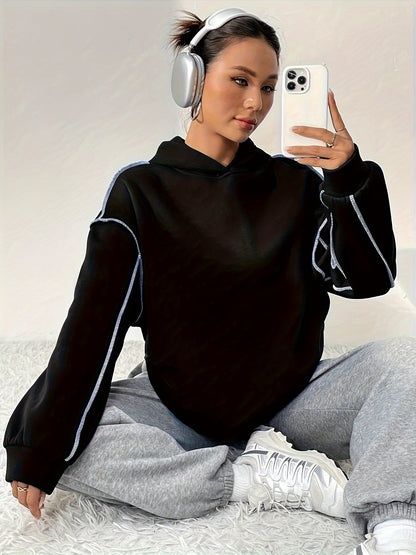 Contrast Trim Drop Shoulder Hoodie, Casual Long Sleeve Hooded Sweatshirt, Women's Clothing