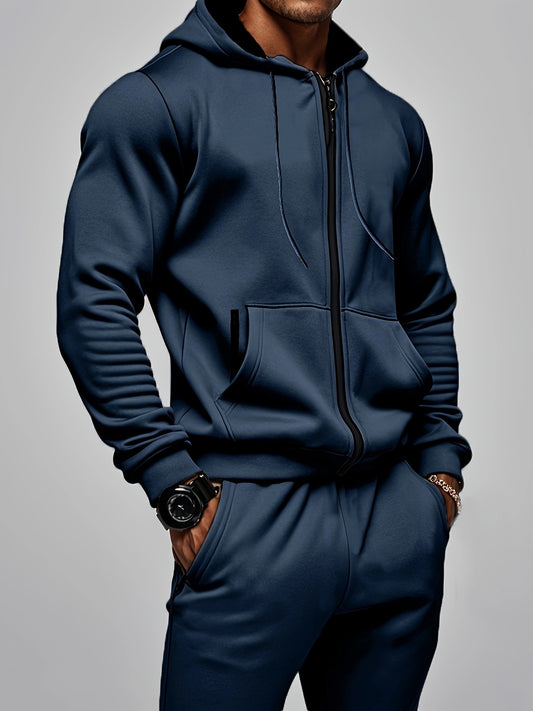 2-piece Solid Color Men's Athletic Tracksuit Set, Casual Long Sleeve Zip Up Hoodie With Drawstring And Jogging Pants Set For Gym Workout Running