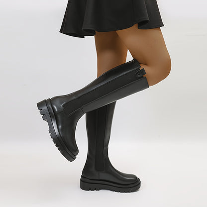 Women's Chelsea High Boots, Round Toe Platform Knee High Boots, Fashion All-Match Back Zipper Long Boots