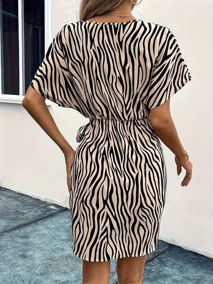 Zebra Pattern Surplice Neck Dress, Elegant Short Sleeve Wrap Hem Tie Side Dress For Spring & Summer, Women's Clothing