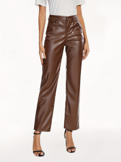 PU Leather Solid Pants, Elegant High Waist Comfy Pants For All Season, Women's Clothing