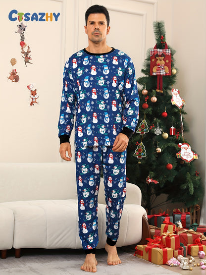 Men's Cozy Christmas Pajama Set with Fun Snowman Design - Round Neck, Long Sleeve Top & Pants, Soft Polyester Blend, Machine Washable