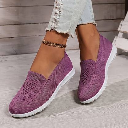 Women's Solid Color Knitted Sneakers, Soft Sole Lightweight Slip On Walking Shoes, Low-top Breathable Daily Footwear