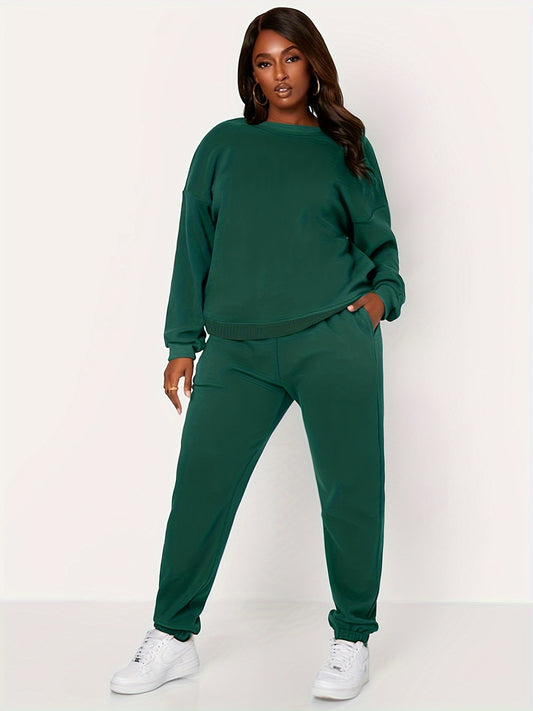 2pcs Casual Sports Set, Long Sleeve Crew Neck Solid Color Sweatshirt & Drawstring Jogger Pants Suit, Women's Activewear