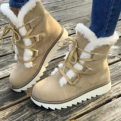 Women's Solid Color Fluffy Boots, Lace Up Platform Soft Sole Plush Lined Winter Boots, Non-slip Round Toe Mid-calf Snow Boots