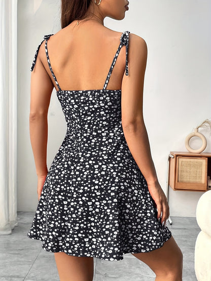 Floral Print Tie Shoulder A-line Dress, Vacation Sleeveless Cami Dress For Spring & Summer, Women's Clothing