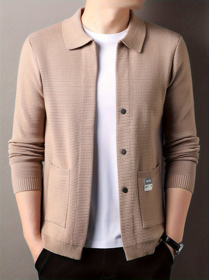 Men's Casual Solid Color Cardigan with Lapel Collar - Polyester Blend Knit Fabric, Long Sleeve, Regular Fit, Fall/Winter Jacket with Pockets