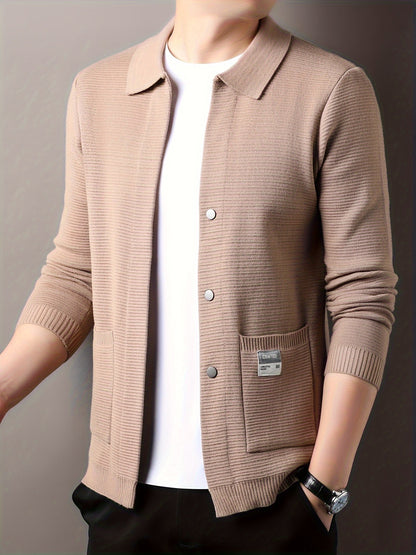 Men's Casual Solid Color Cardigan with Lapel Collar - Polyester Blend Knit Fabric, Long Sleeve, Regular Fit, Fall/Winter Jacket with Pockets