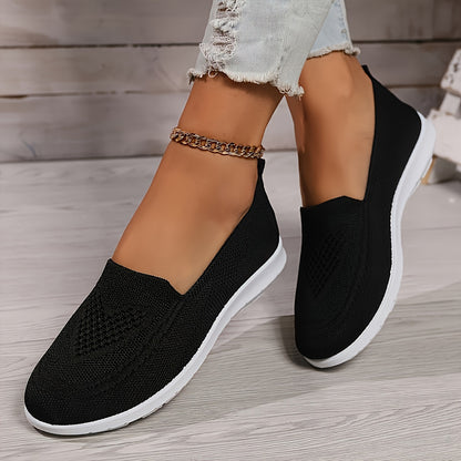 Women's Solid Color Knitted Sneakers, Soft Sole Lightweight Slip On Walking Shoes, Low-top Breathable Daily Footwear