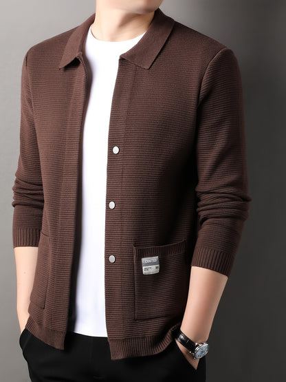 Men's Casual Solid Color Cardigan with Lapel Collar - Polyester Blend Knit Fabric, Long Sleeve, Regular Fit, Fall/Winter Jacket with Pockets