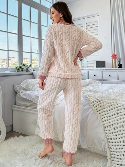 Women's Star Pattern Jacquard Fleece Thick Casual Pajama Set, Long Sleeve Round Neck Top & Pants, Comfortable Relaxed Fit For Fall & Winter