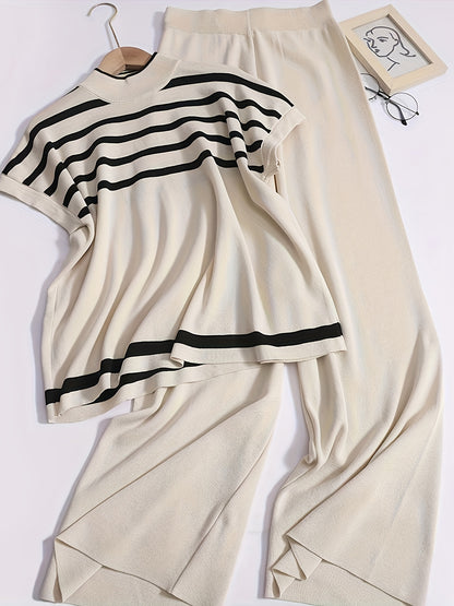 Striped Print Casual Pantsuit, Mock Neck Batwing Sleeve Top & Wide Leg Pants Outfits For Spring & Summer, Women's Clothing