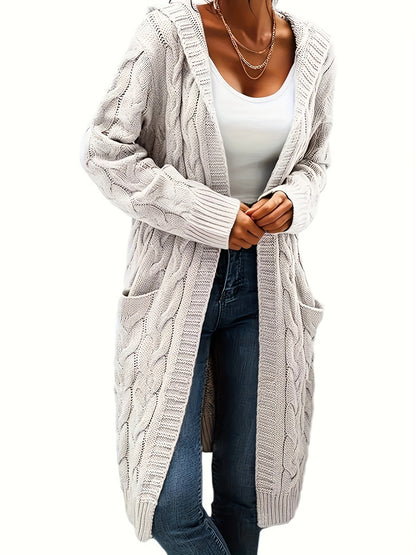 Solid Open Front Cable Knit Hooded Cardigan, Casual Long Sleeve Mid Length Sweater With Pocket, Women's Clothing