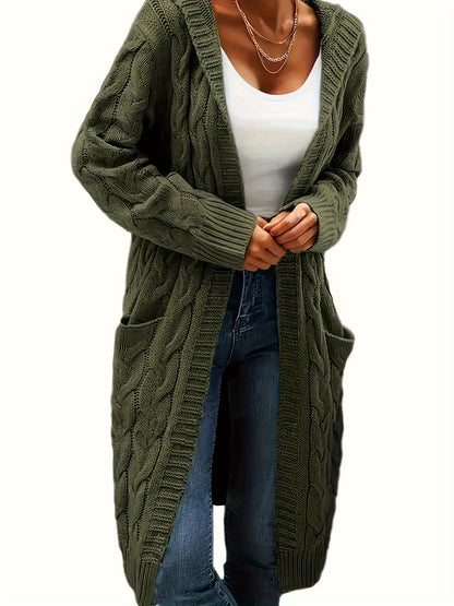 Solid Open Front Cable Knit Hooded Cardigan, Casual Long Sleeve Mid Length Sweater With Pocket, Women's Clothing