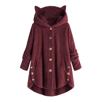 Schattige Dikke Pluche Vrouwen Hoodies Winter Bont Katten Oren Capuchon Onregelmatige Zoom Knoop Jack Fleece Hoodies Jas