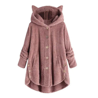 Schattige Dikke Pluche Vrouwen Hoodies Winter Bont Katten Oren Capuchon Onregelmatige Zoom Knoop Jack Fleece Hoodies Jas